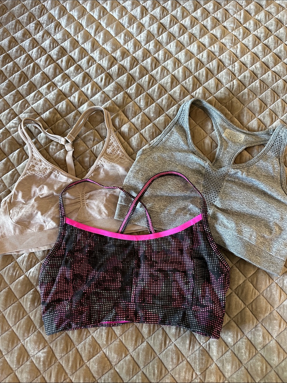 Athleta 3-Pack Lightweight Bralettes in Gray, Cream & Pink-Trim Print